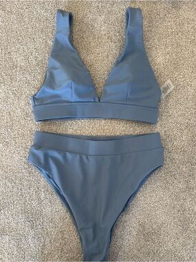 V-Neck High-Waist Bikini Set in Slate Blue - Women's Swim